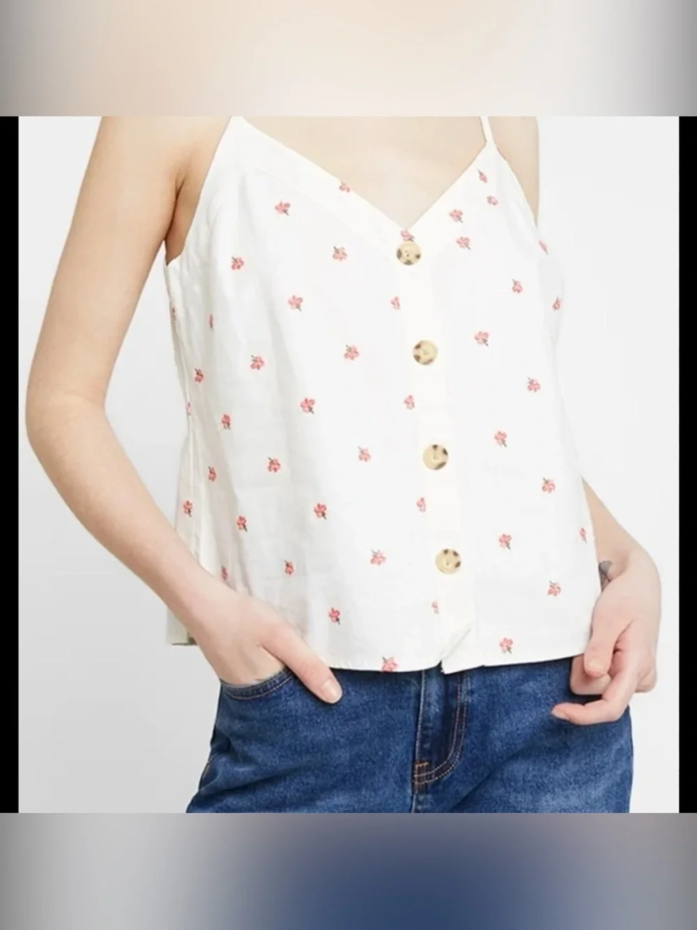 Abercrombie & Fitch Button Down Linen Sleeveless Crop Top Flower Detail Size M